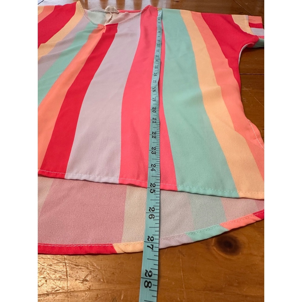 BiBi Women Large Pink Mint Striped V-Neck Chiffon High-Low‎ Blouse Short Sleeve - Picture 7 of 8